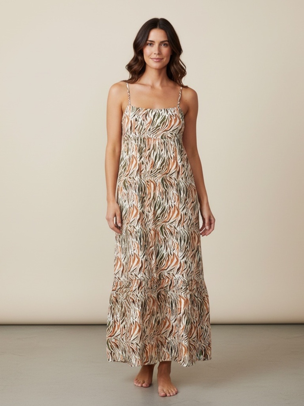 THML Strappy Maxi Dress in Tan, Green & Cream Abstract Print